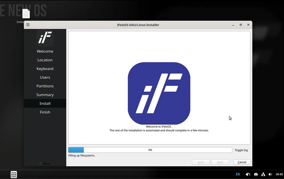 The IFelxOS installer copying the system to disk