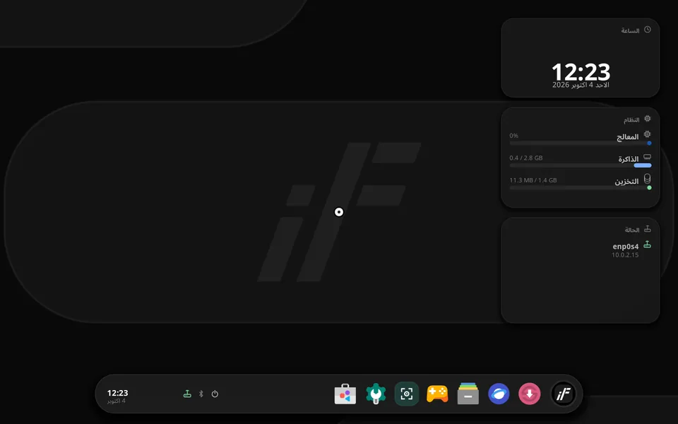 IFelxOS2 desktop with the IFelxUi dock and widgets